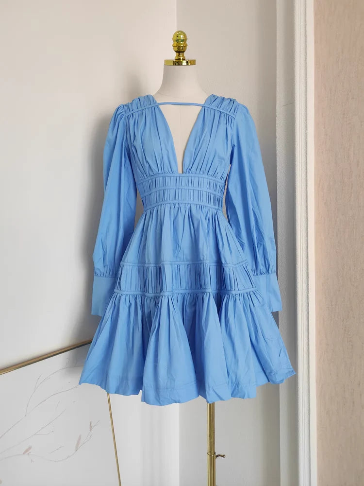 Cute A line V Neckline Spring Blue Casual Dress Long Sleeves Beach Homecoming Dresses