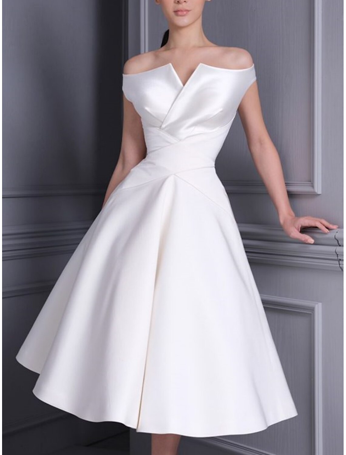 Little White Sleeve Tea Length Satin Dress Bridal Shower Dresses Wedding Dresses A-Line Off Shoulder Cap Bridal Gowns With Pleats Solid Color
