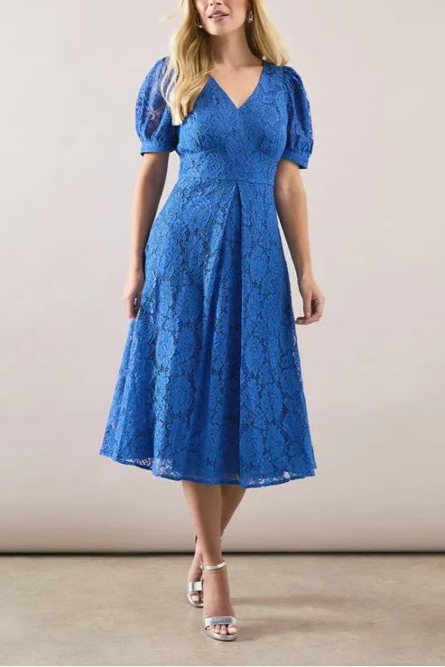 Petite Lace V Neck Tea Midi Mother Of The Bride Outfits Dress