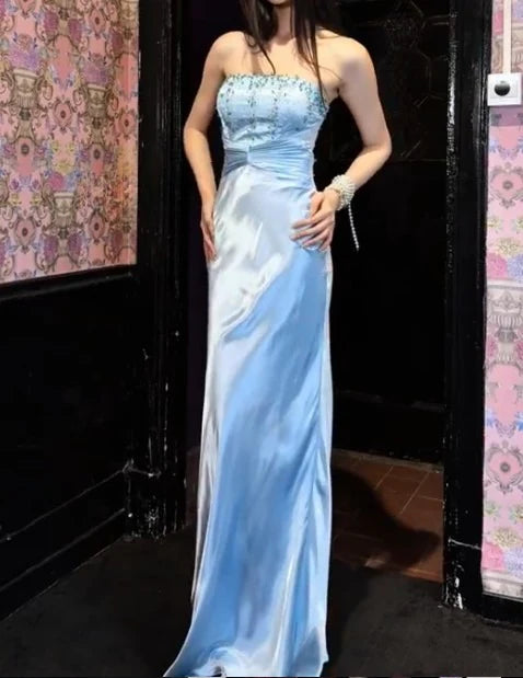 Satin Sheath Strapless Evening Dress Elegant Long Vintage Ice Blue Prom Dresses with Beading