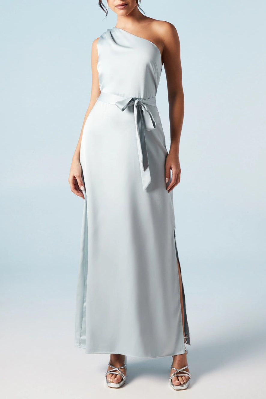 One Shoulder Unique design Satin Maxi Retract Your Waist Bridesmaid Dress