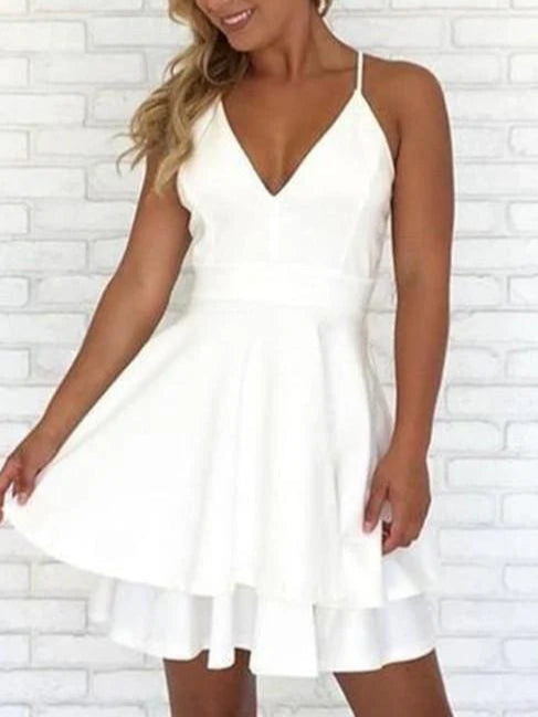 Bridelily A-Line V-neck Chiffon Sleeveless Pleats Retract Your Waist Short Homecoming Dresses