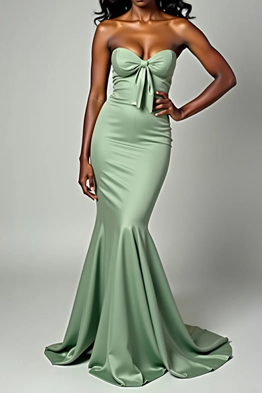 Sage Strapless Mermaid Dusty Satin Long Prom Dress With Bowknot