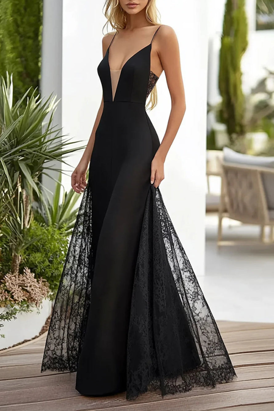 Black Spaghetti Straps V-Neck Unique design Long Evening Dress With Lace