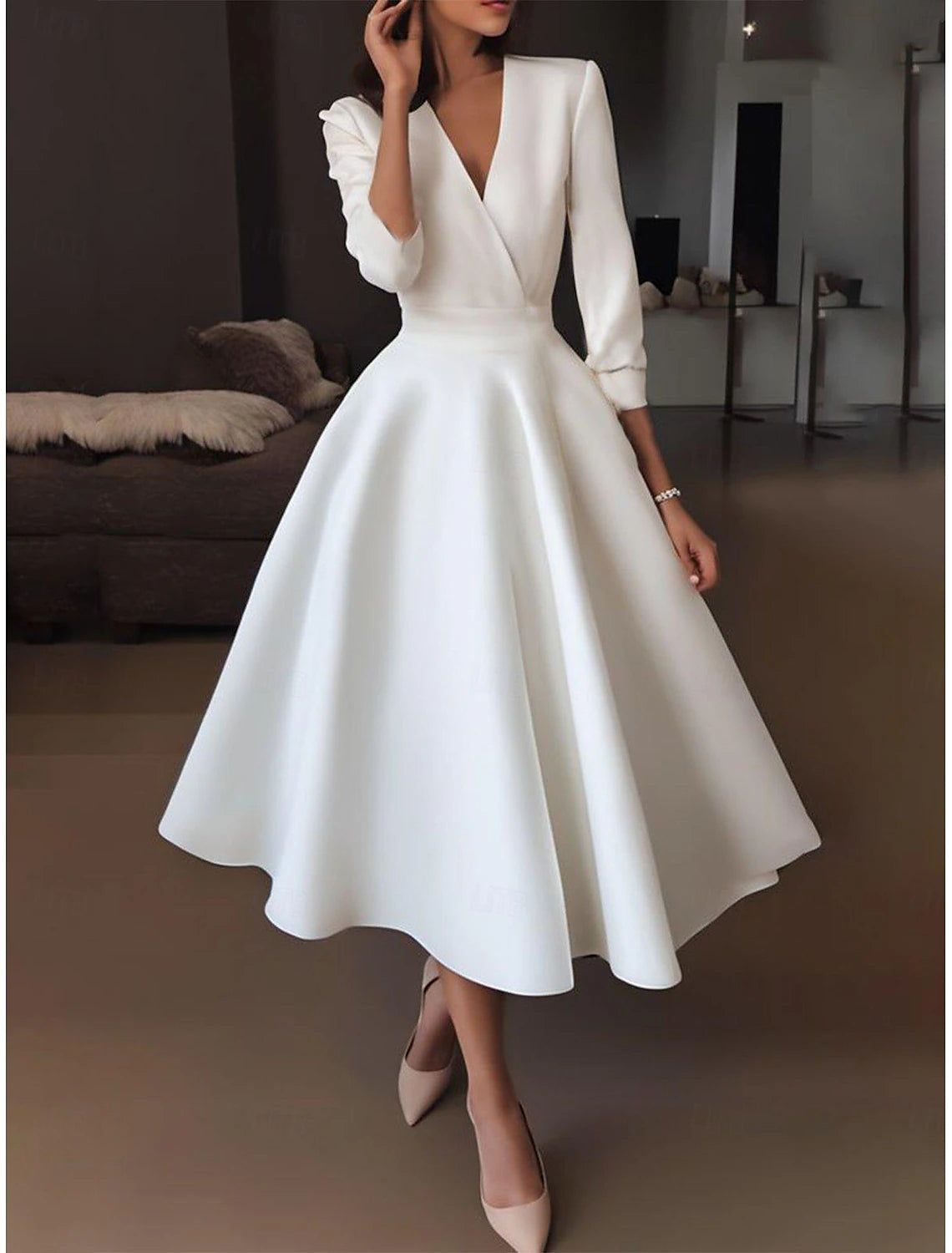 Tea Length Satin Wedding Dresses A-Line V Neck Half Sleeve Bridal Gowns With Draping