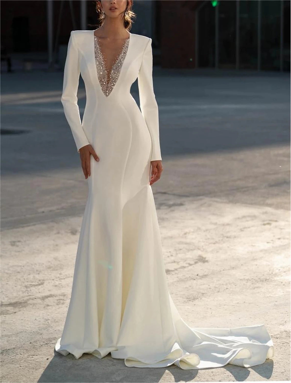 Formal Wedding Dresses Mermaid Long Sleeve V Neck Brush Train Chiffon Bridal Gowns With Beading Solid Color