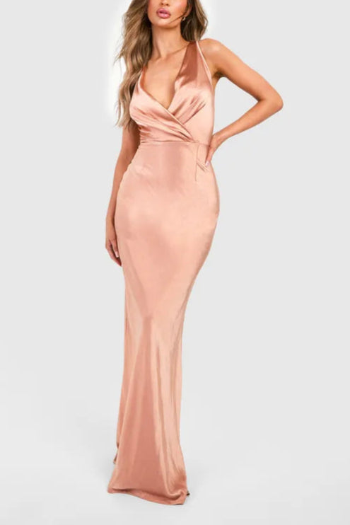 Retract Your Waist Satin Cowl Wrap Front Bridesmaid Maxi Dress