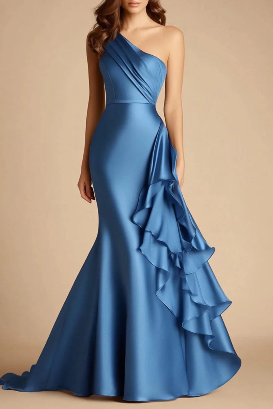 Blue Mermaid Satin Long One Shoulder Evening Dress With Ruffles