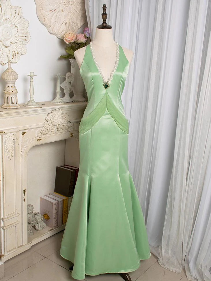 Vintage Mermaid Halter Satin Beaded Light Green Long Prom Dress