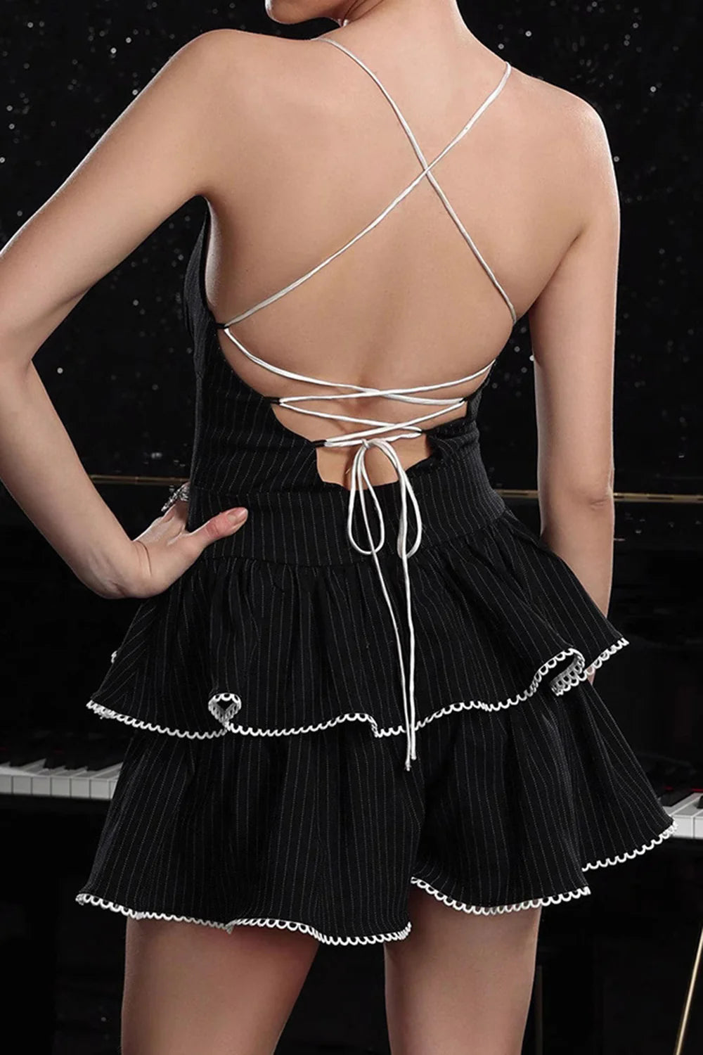 Black A Line Tiered Striped Short Slim-fit Homecoming Dress With Ruffles