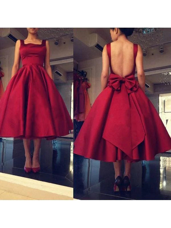 Bridelily A-Line Satin Square Sleeveless Mini Homecoming Dresses With Bowknot