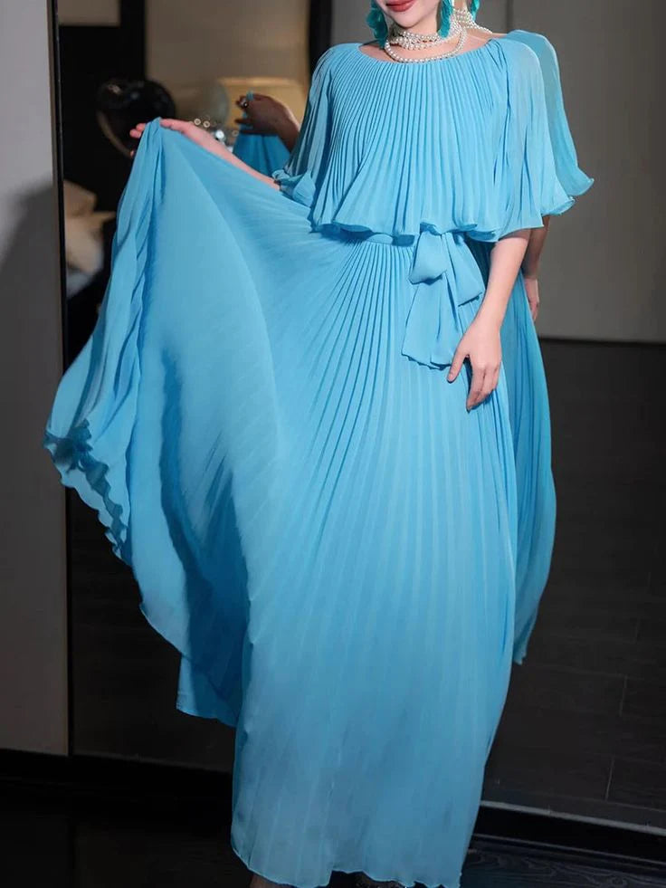 Gentle A Line Pleated Chiffon Long Evening Dress Round Neck Blue Party Dresses