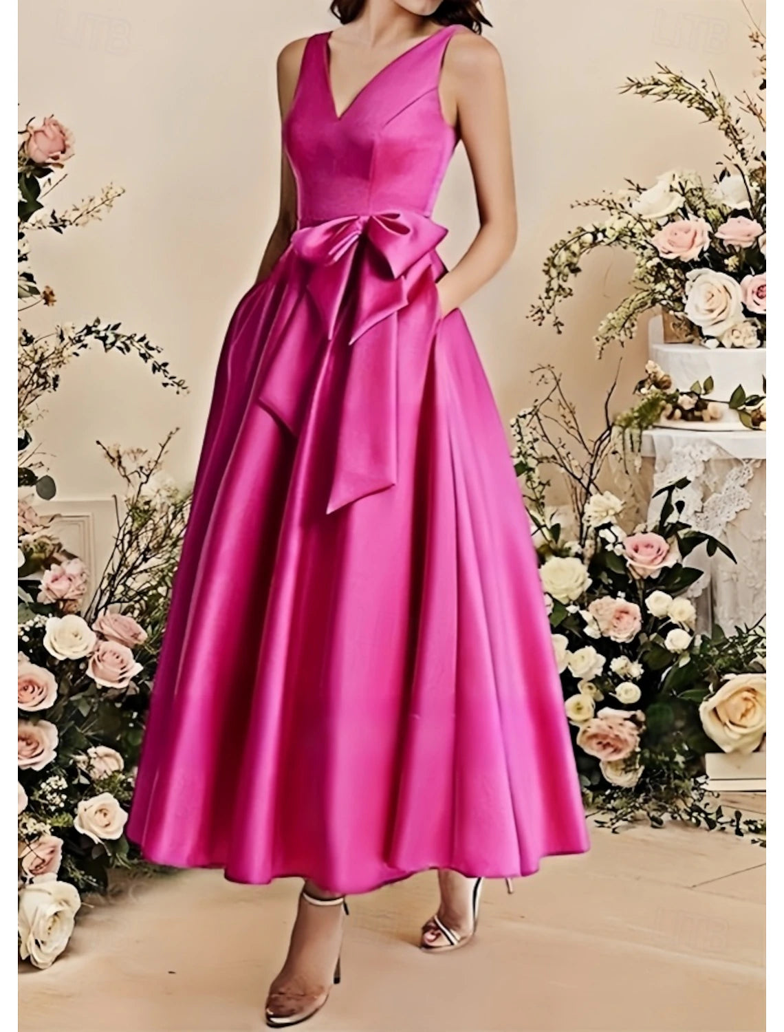A-Line  V Neck Bridesmaid DressSleeveless Elegant Ankle Length Satin with Bow
