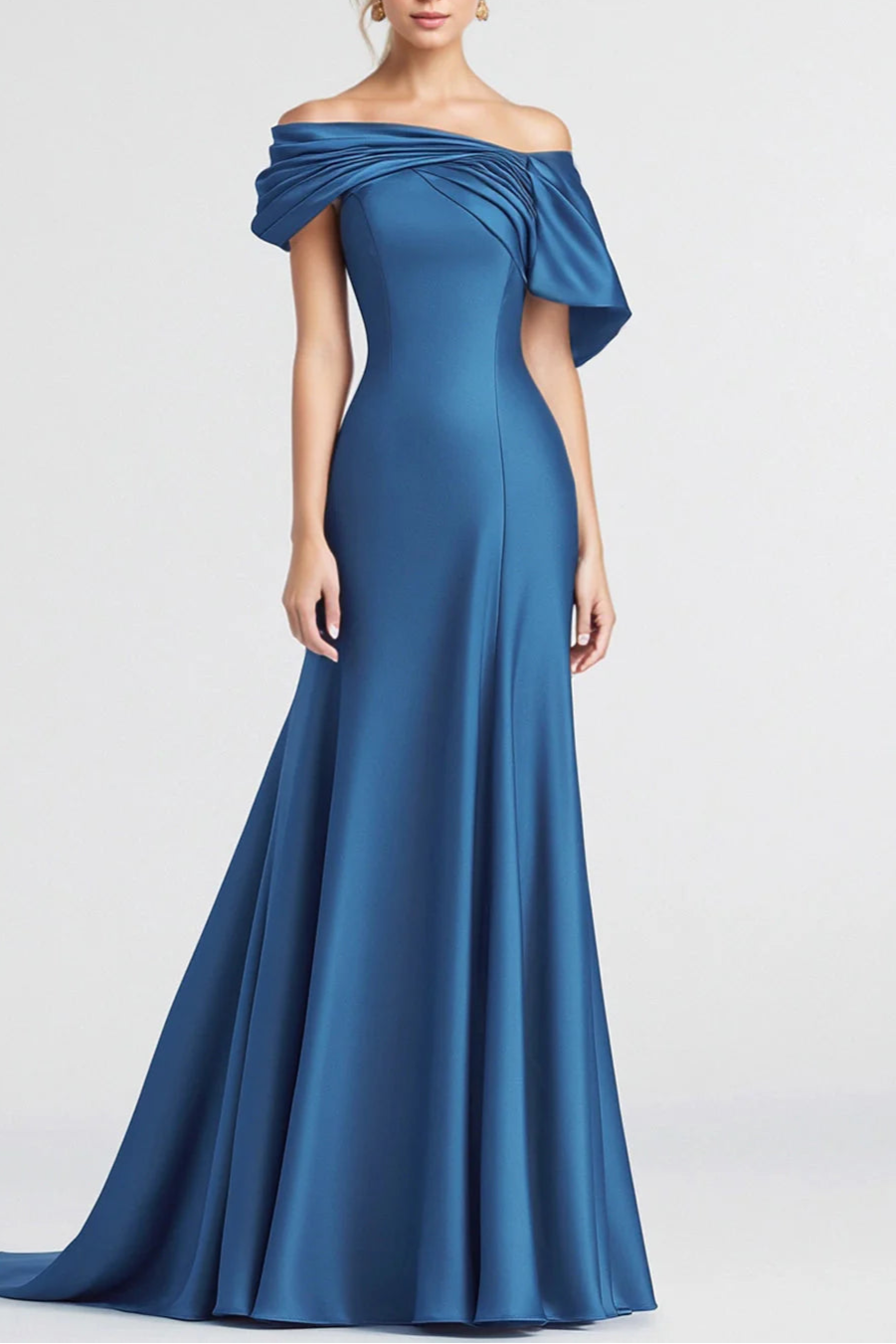 Unique design Blue Off The Shoulder Satin Mermaid Long Formal Dress