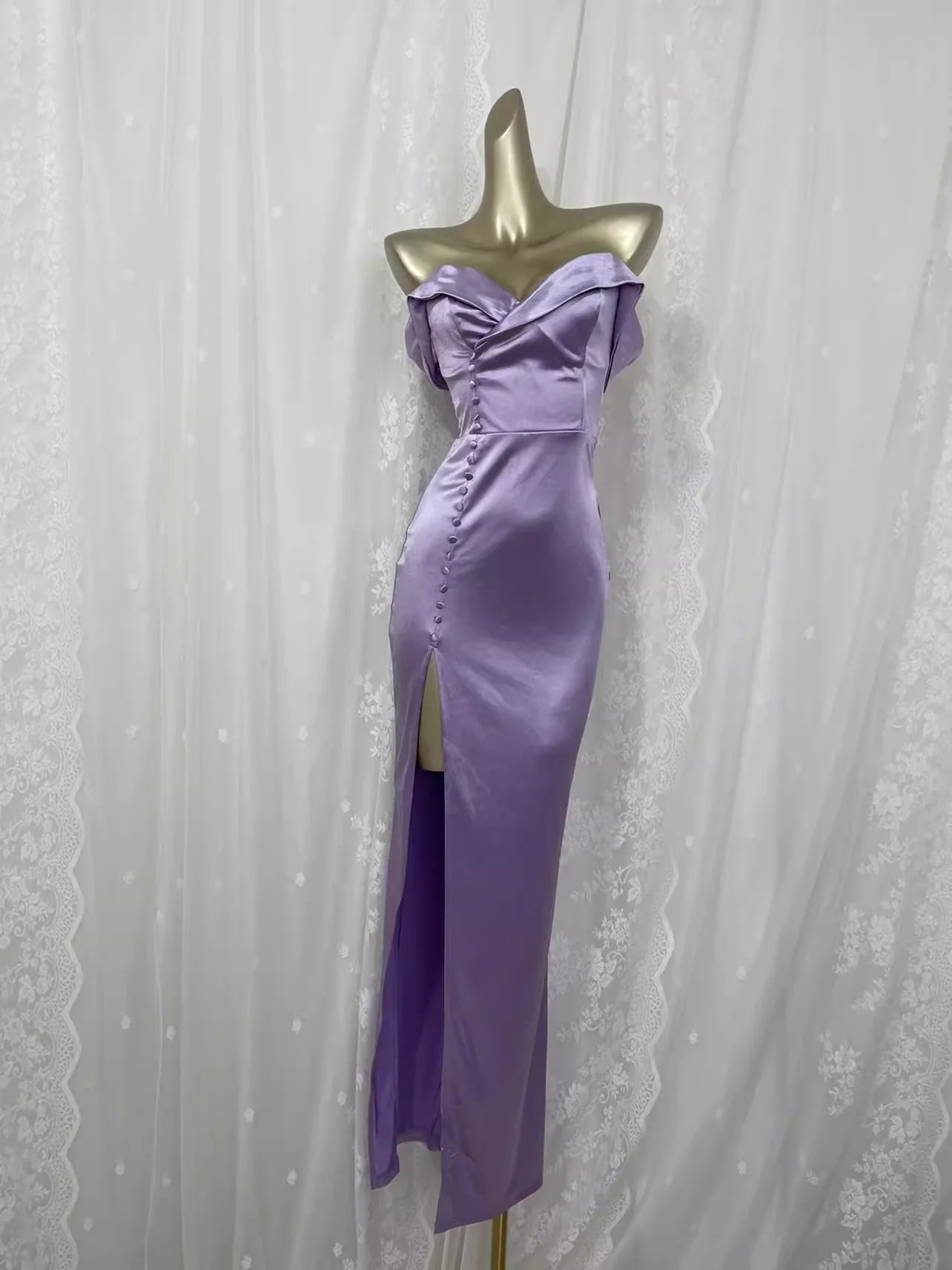 Sheath Off The Shoulder Lilac Vacation Dress Slit Vintage Prom Dresses