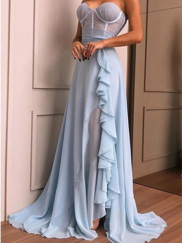 A-line Light Blue Popular Modest Chiffon Formal Long Prom Dresses