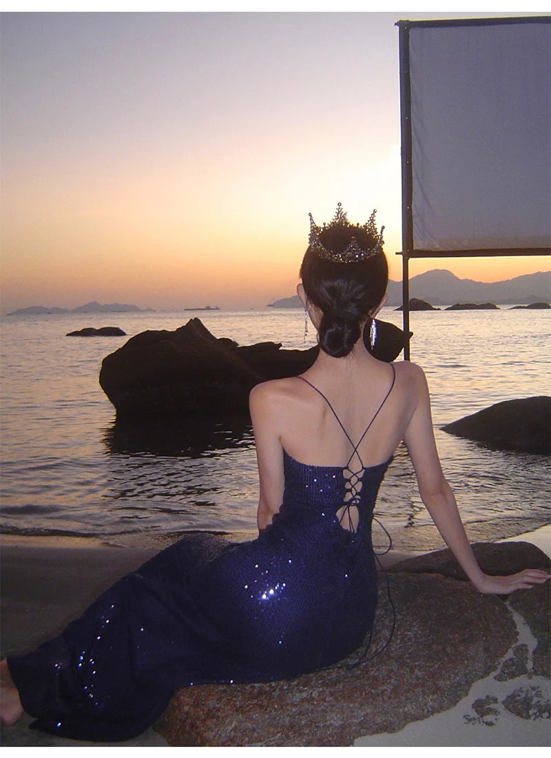 Sexy Sheath Blue Sequin Beach Spaghetti Straps Dress Women's Vacation Dresses Prom Dress