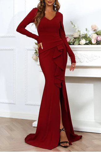 Red Satin V-Neck Long Sleeve Ruffled Mermaid Long Formal Evening Dress
