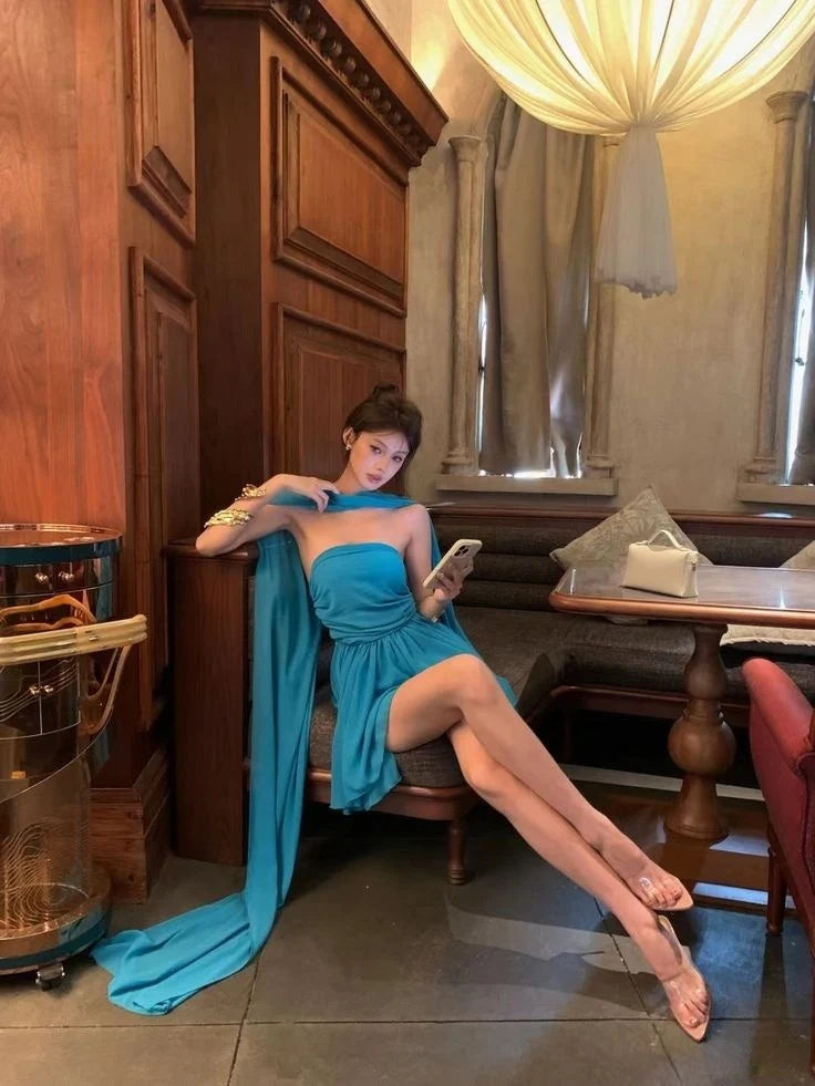 Blue A Line Strapless Chiffon Short Birthday Dress Off Shoulder Homecoming Dress