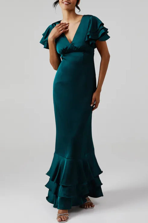 Ruffle Sleeve Full of charm Satin V-Neck Bridesmaids Maxi Dress