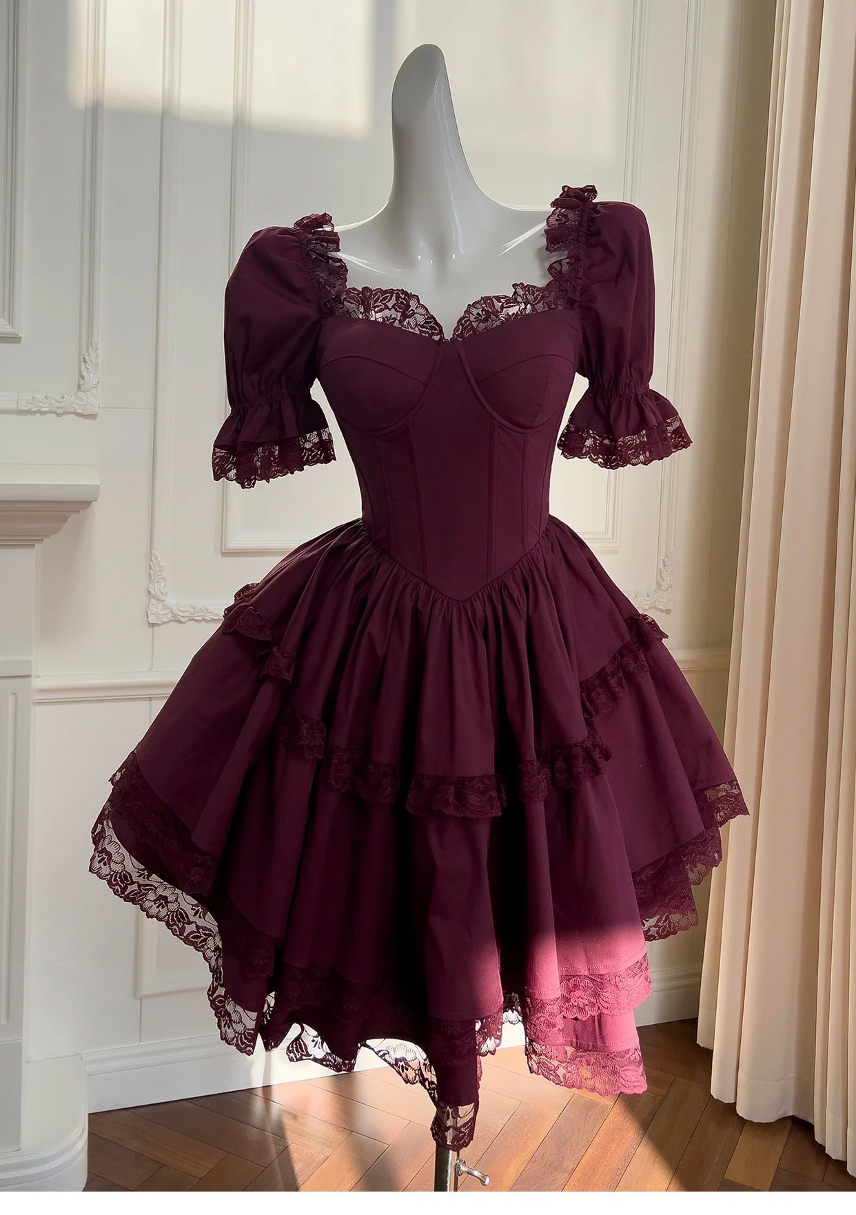 Burgundy lace short-sleeved dress retract your waist adult ceremony evening dress