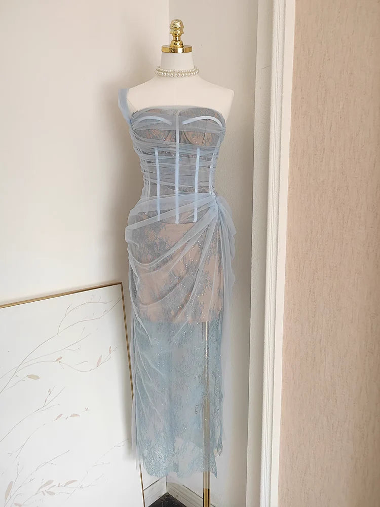 Sexy Sheath Light Sky Blue Tulle Lace Dinner Party Dresses One Shoulder Birthday Outfits