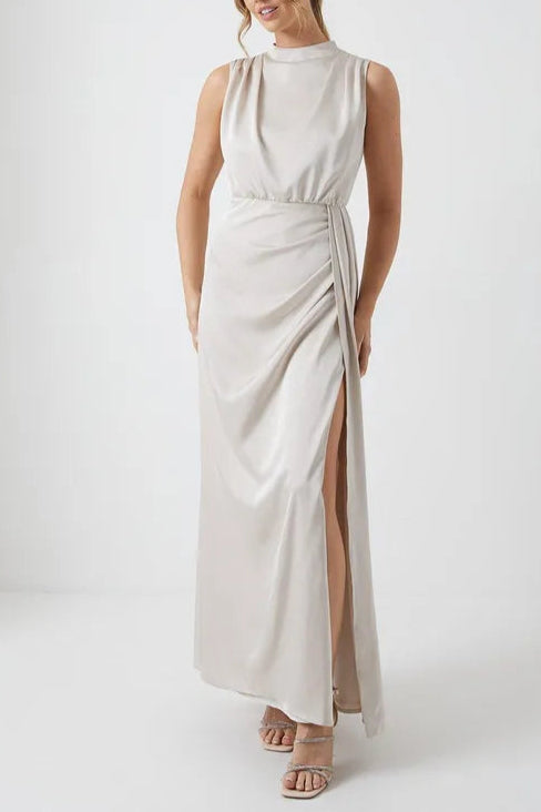 Cowl Neck Sash Satin Retract Your Waist Sleeveless Bridesmaid Dress