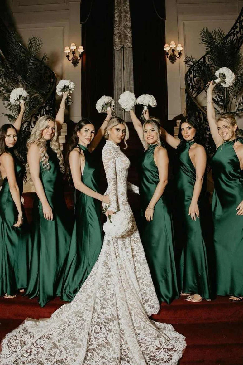 Classy Exquisite tailoring Halter Satin Pleated Sleeveless Silhouette Long Bridesmaid Dress