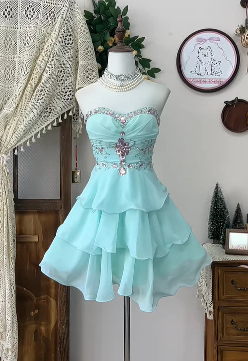 Vintage A Line Sweetheart Neck Layered Rhinestone Blue Chiffon Homecoming Dress