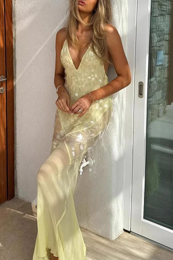 V Neck Light Yellow Sequin Chiffon Long Prom Dress Sexy Sheath Evening Dress