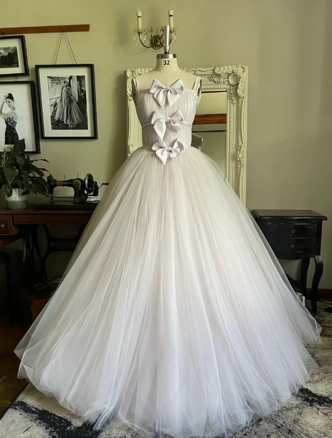 Stunning A Line Spaghetti Strap Bow Light Purple Tulle Long Party Dress