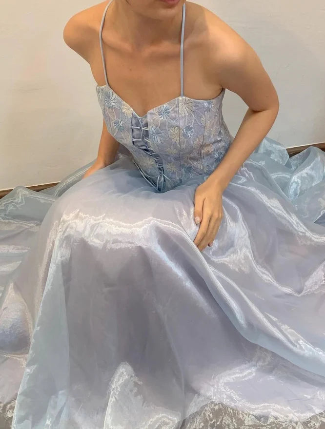 Blue A Line Spaghetti Strap Embroidered Tulle Satin Prom Dress Unique design Evening Dress