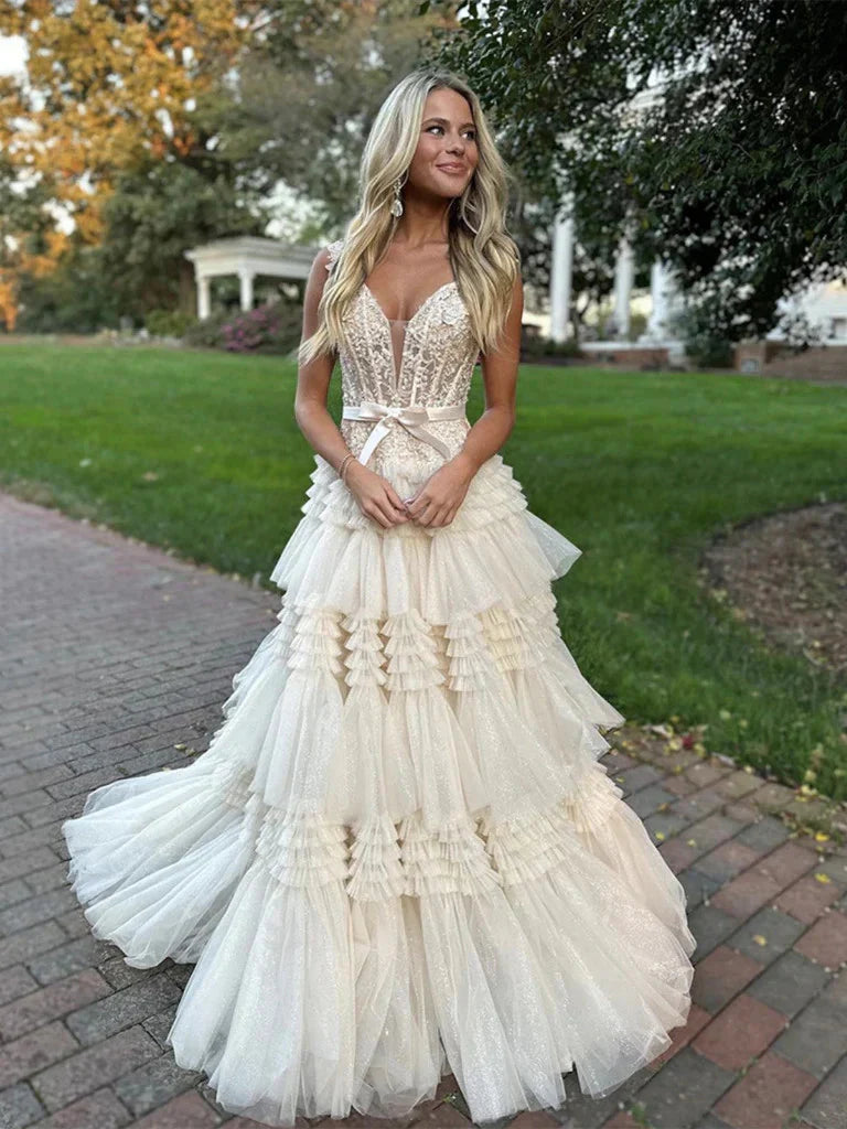 Unique design V Neck Layered Lace Champagne Formal Evening Dresses with Train