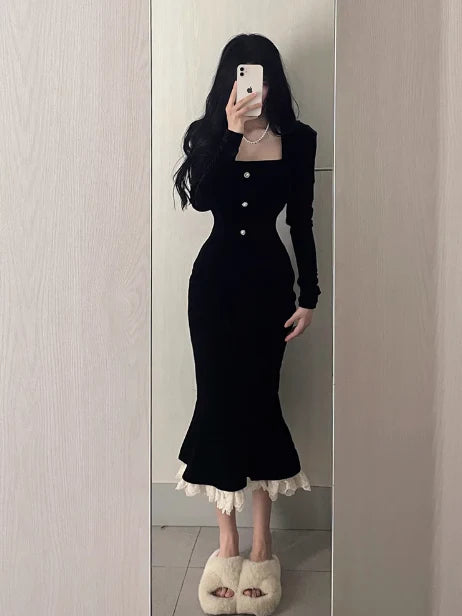 French retro velvet square neck slim retract your waist fishtail party dress