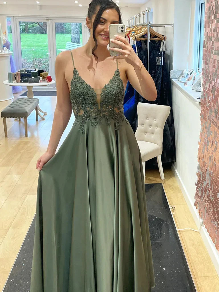 V Neck Dark Green Long Lace Retract Your Waist Formal Evening Dresses