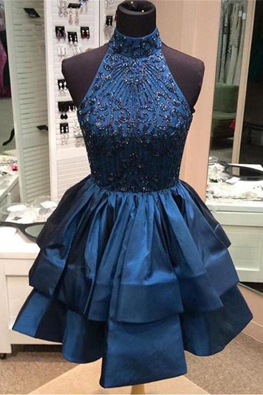 A-line High Neck Short Prom Dresses Beaded Dark Blue Backless Homecoming Dress