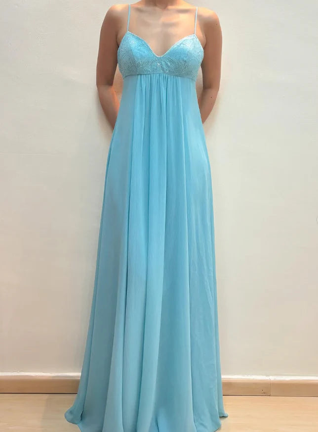 2025 New A Line Spaghetti Strap Beaded Sequin Blue Chiffon Prom Dress