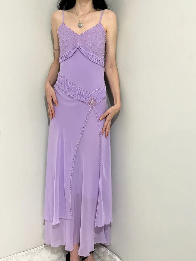 Elegant Purple A Line Spaghetti Strap Beaded Sequin Chiffon Prom Dress