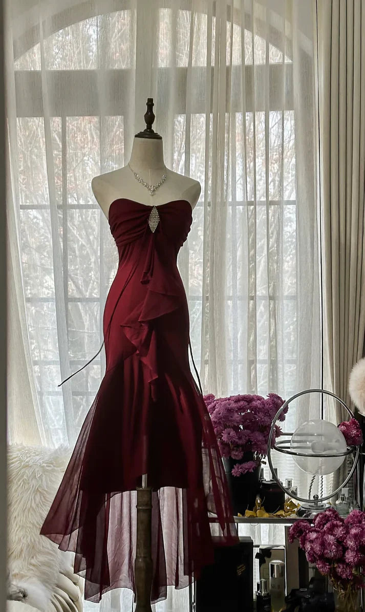 Burgundy Mermaid Halter Rhinestone Ruffle Chiffon Prom Dress Graduation Party Dress