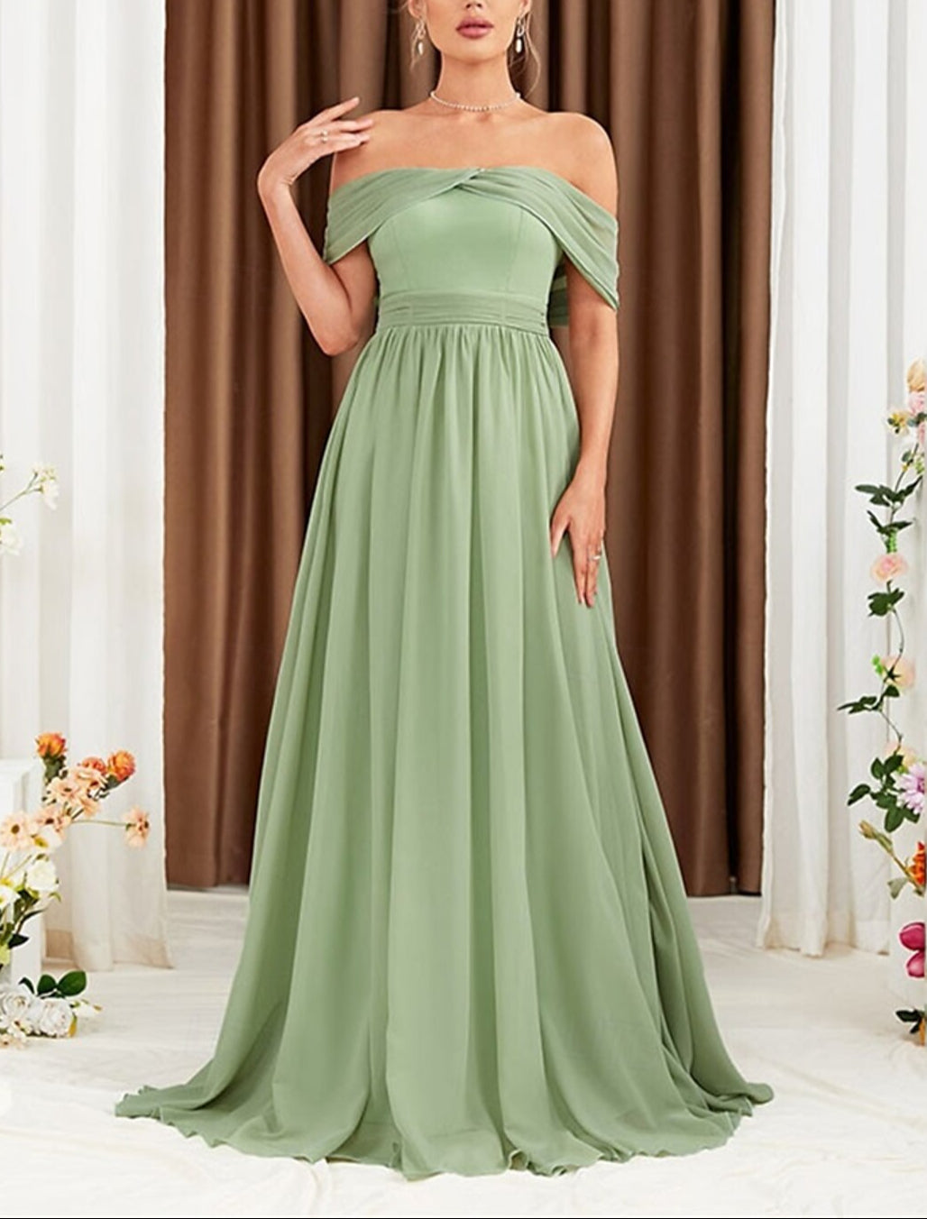 A-Line Sleeveless Elegant Bridesmaid Dress Off Shoulder Floor Length Chiffon with Pleats