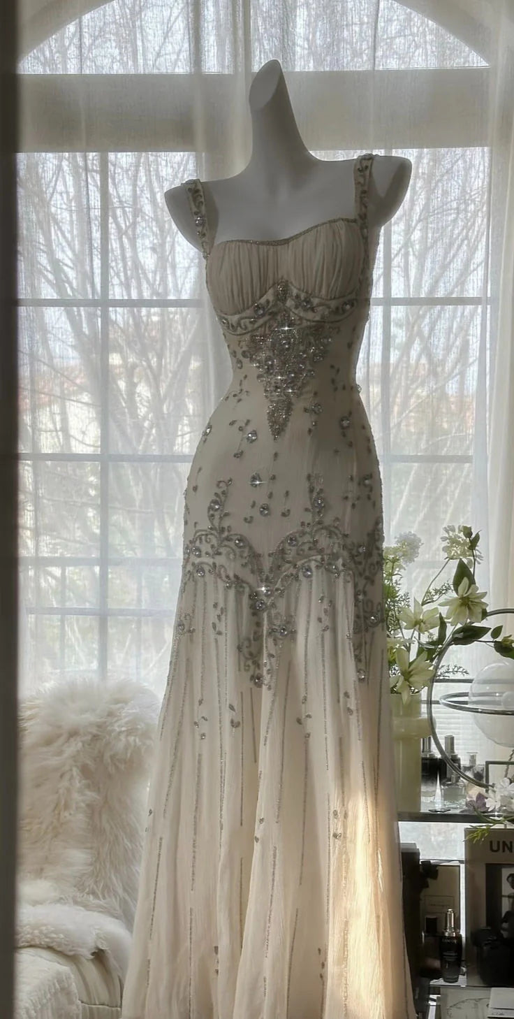 Ivory A Line Straps Beaded Chiffon Long Prom Dress Graduation Party Dress