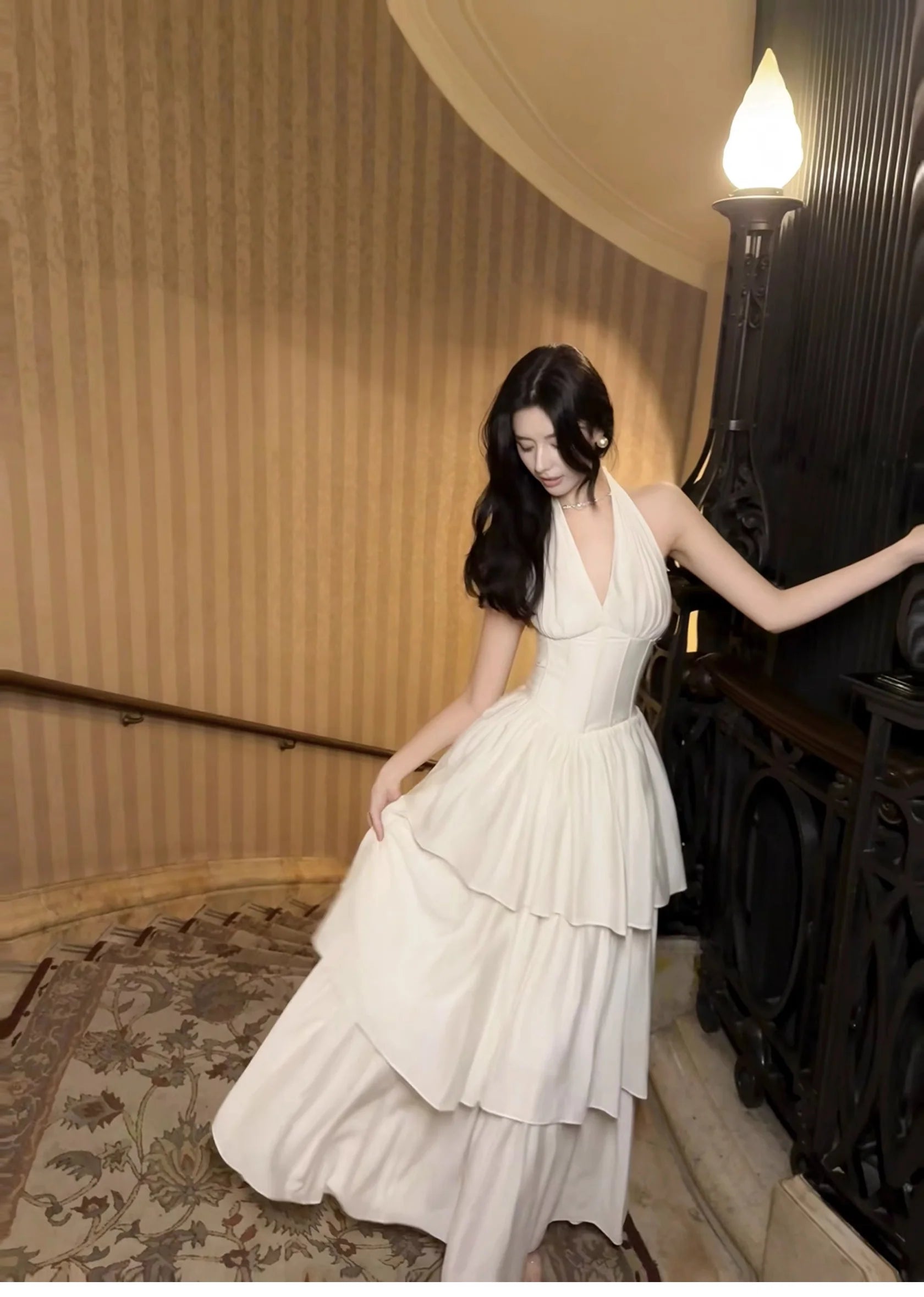 Cute Halter Neck Chiffon Layered A-Line White Retract Your Waist Party Dress