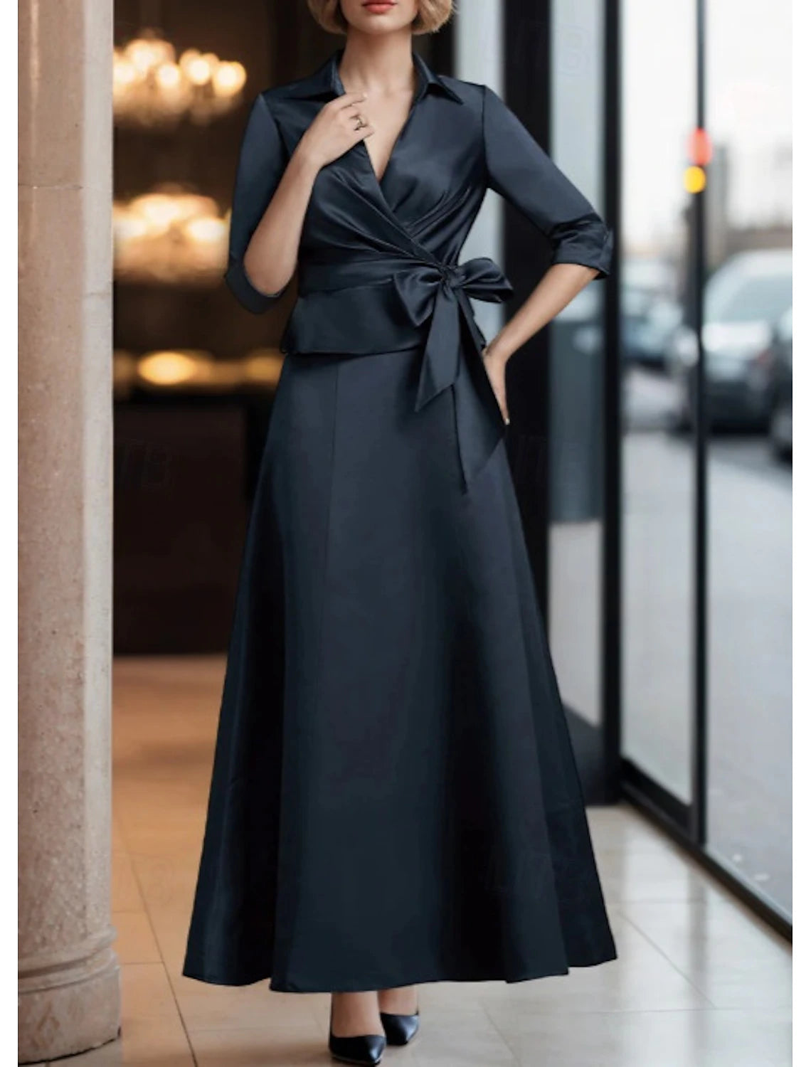 Two Piece A-Line Dress Suit Mother of the Bride Dress Tuxedo Dress Elegant Simple V Neck Ankle Length Satin 3/4 Length Sleeve with Sash / Ribbon Pleats Solid Color Derby Dress Race Day Dress