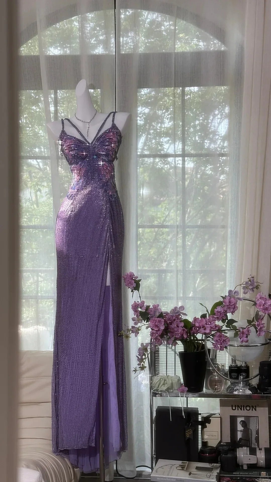 Stunning Sheath Spaghetti Strap Beaded Purple Chiffon Long Prom Dress