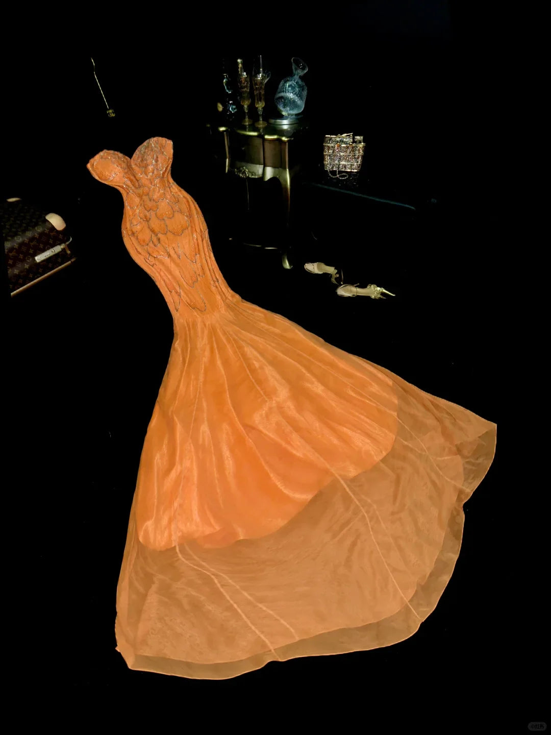 Stunning Mermaid Strapless Beaded Sequin Orange Chiffon Long Party Dress