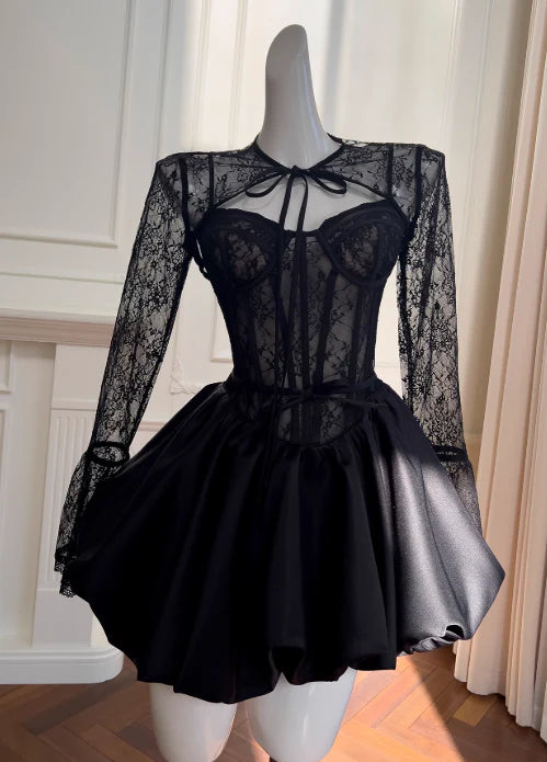 Black A-line Neck Lace Satin Short Prom Dress, Sweetheart Homecoming Dress
