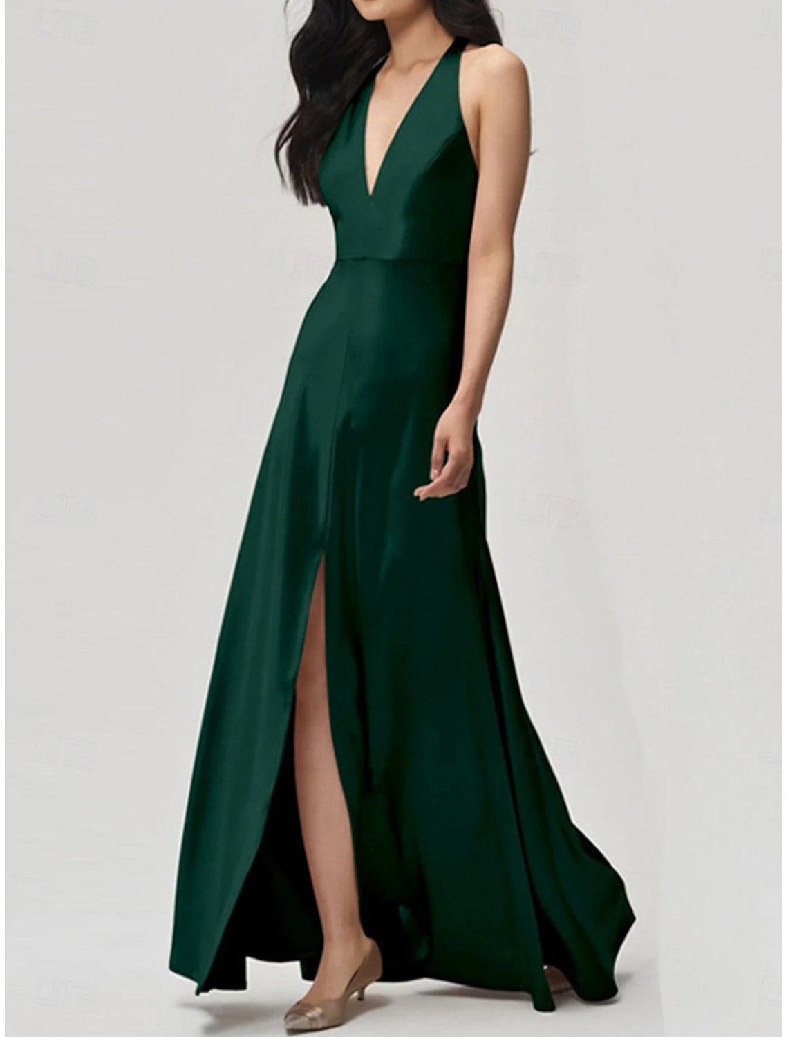 A-Line Spaghetti Strap Sleeveless Elegant Bridesmaid Dress Floor Length Nylon with Split Front