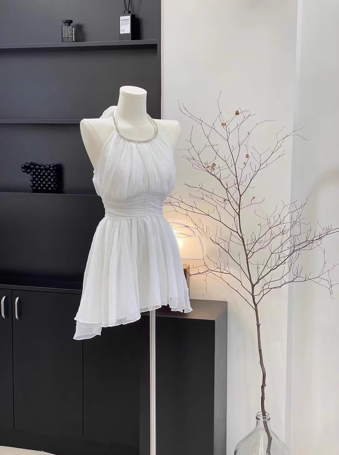 Halter Ruffled White Short Women's Simple A Line Holiday Dresses Homecoming Outfits With Beads