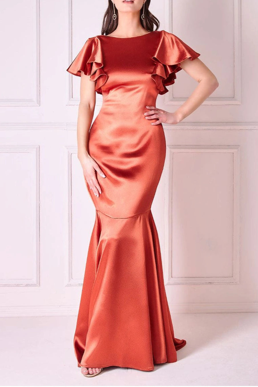 Satin Retract Your Waist Flutter Sleeve Mermaid Maxi Bridesmaids Dress
