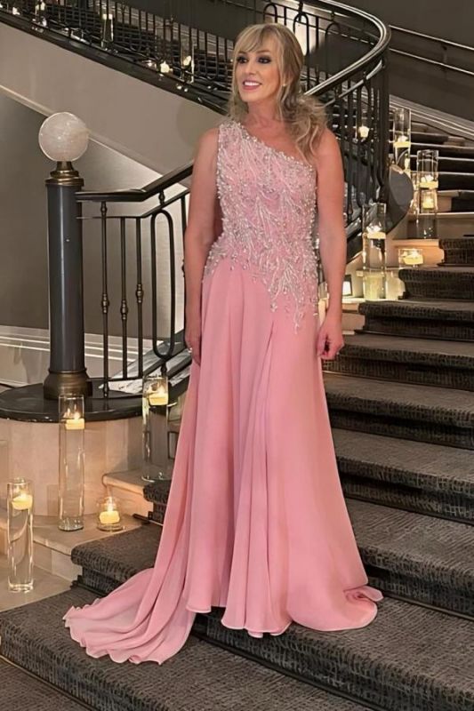One Shoulder Wedding Guest Dress Pearls Pink Chiffon Long Evening Dresses